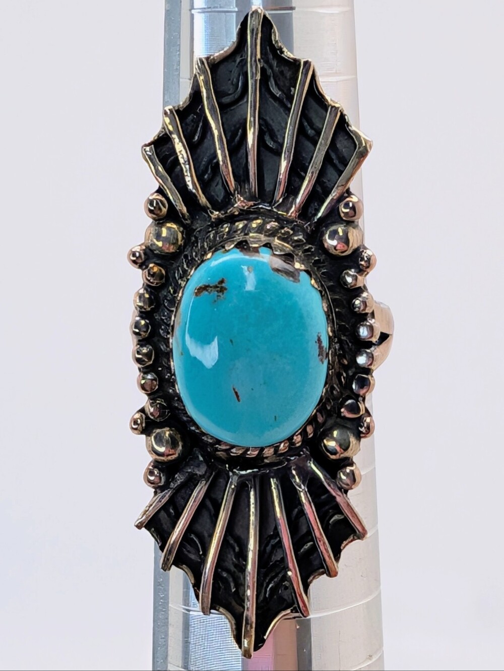 Kingman Turquoise Art Deco S925 Sterling Silver Statement Ring Size 6